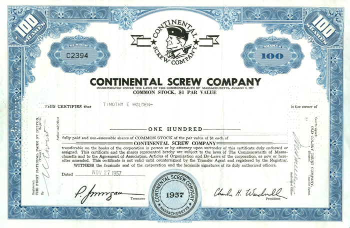 Continental Screw Co. - Stock Certificate